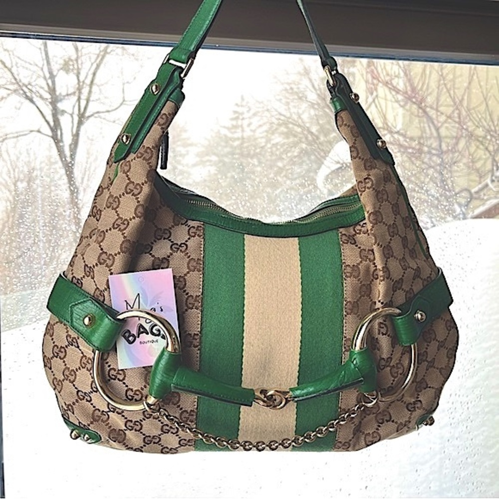 💚 Gucci: Horsebit Chain Studded Web Monogram Hobo Shoulder Bag - Picture 4 of 17